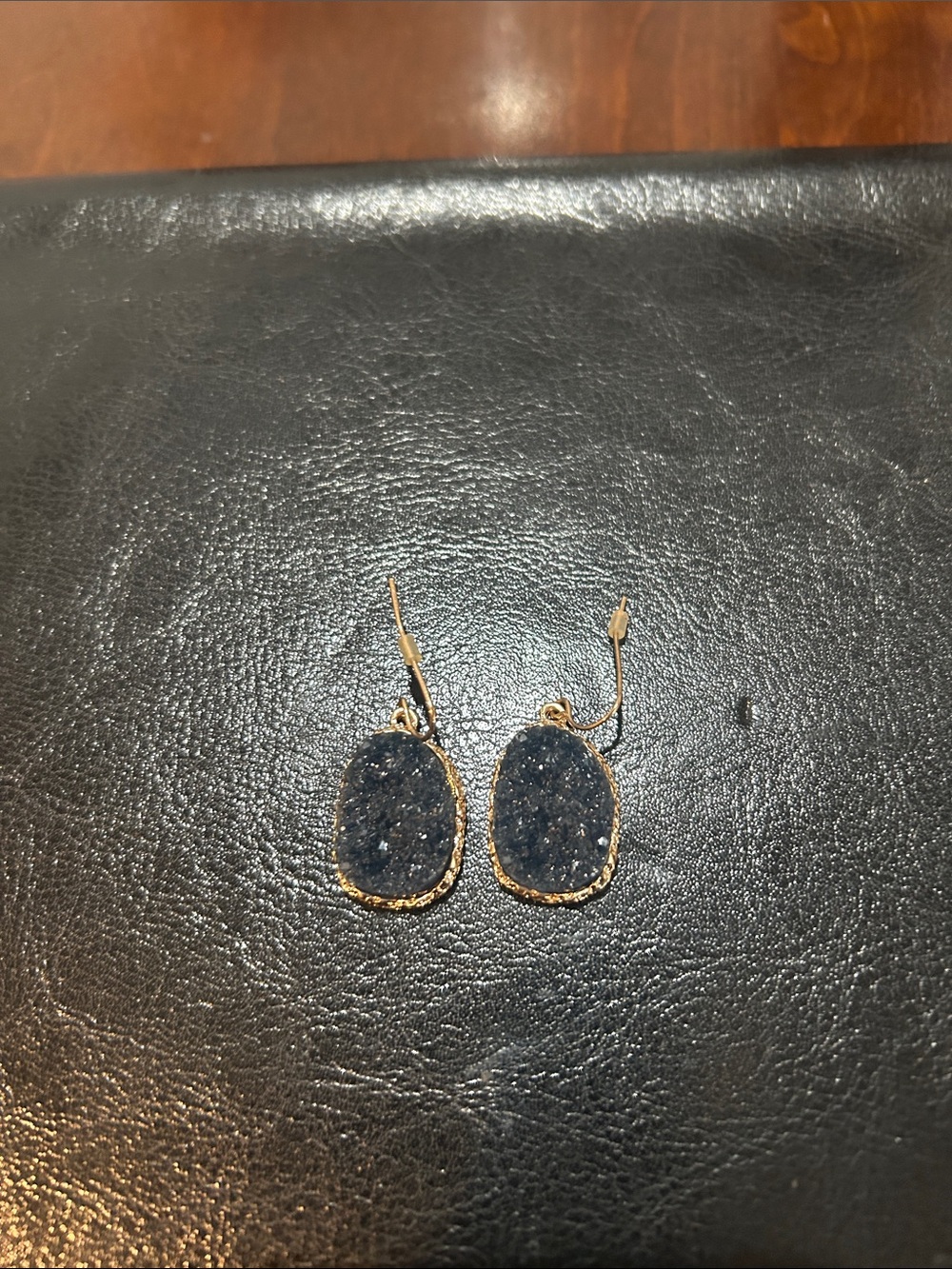 Gold-Trim Dark Blue Druzy Drop Earrings